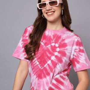 THE DRY STATE Women Tie & Dye Round Neck Pure Cotton Pink T-Shirt