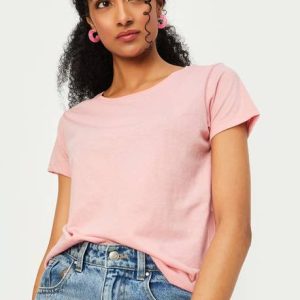 MAX Women Solid Round Neck Cotton Blend Pink T-Shirt