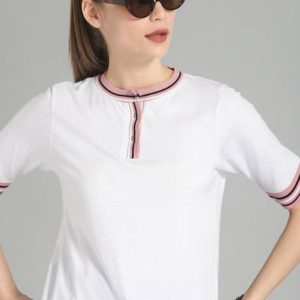 Roadster Women Solid Henley Neck Pure Cotton White T-Shirt