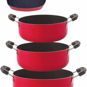NIRLON Non-Stick Aluminium Cookware Set, 4-Pieces, Red/...