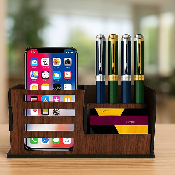 Craftzo 3 Compartments Premium Wood Finish Wooden Pen S...