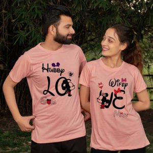 JH MART Pack of 2 Couple Printed Round Neck Cotton Blend Pink T...