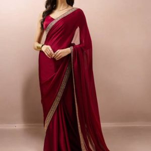 TTH Solid/Plain Bollywood Satin, Pure Silk Saree