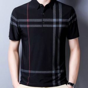 AUSK Men Striped Polo Neck Cotton Blend Black, Grey T-Shirt