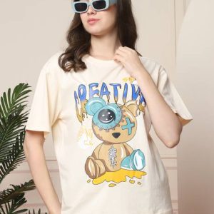 Fabflee Women Printed Round Neck Pure Cotton Beige T-Shirt