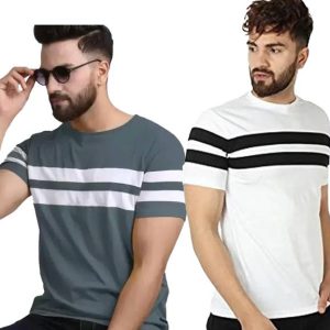 DIAZ Pack of 2 Men Striped Round Neck Cotton Blend Multicolo...