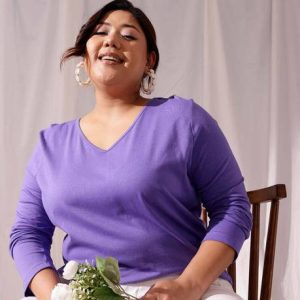CURVY STREET Women Solid V Neck Cotton Blend Purple T-Shirt