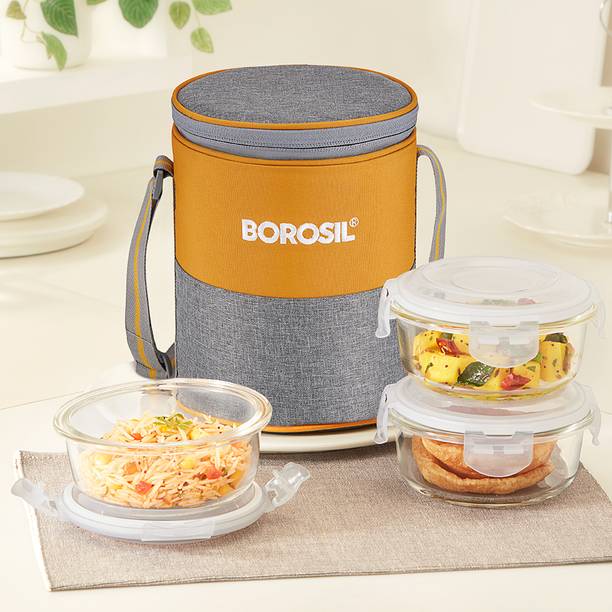 BOROSIL Zest Borosilicate Glass Lunchbox, 3pc Square Se...