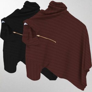 KAJARU Pack of 2 Men Striped Zip Neck Polyester Black, Brown T...