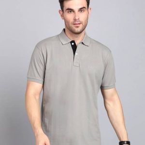 3BROS Men Solid Polo Neck Cotton Blend Grey T-Shirt