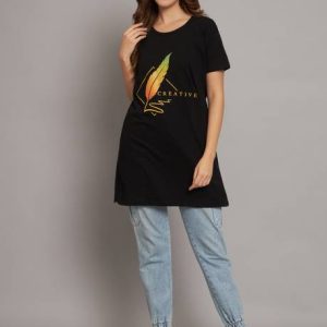 ADIROX Women Printed, Typography Round Neck Pure Cotton Black ...