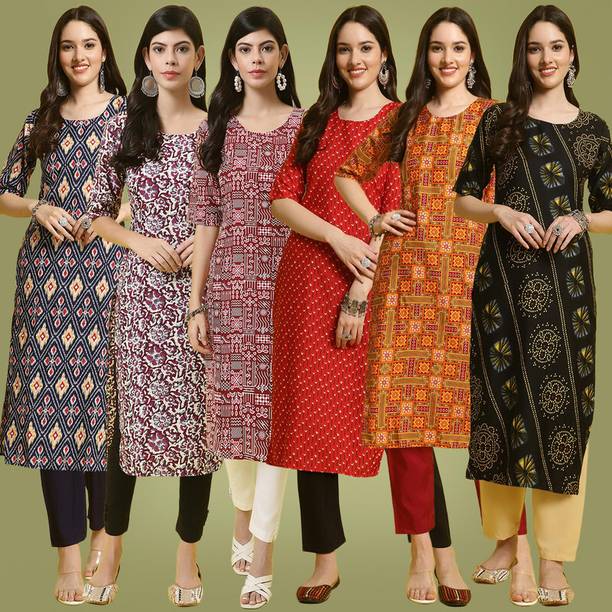EthnicBasket Pack of 6 Women Printed Crepe Straight Kurta