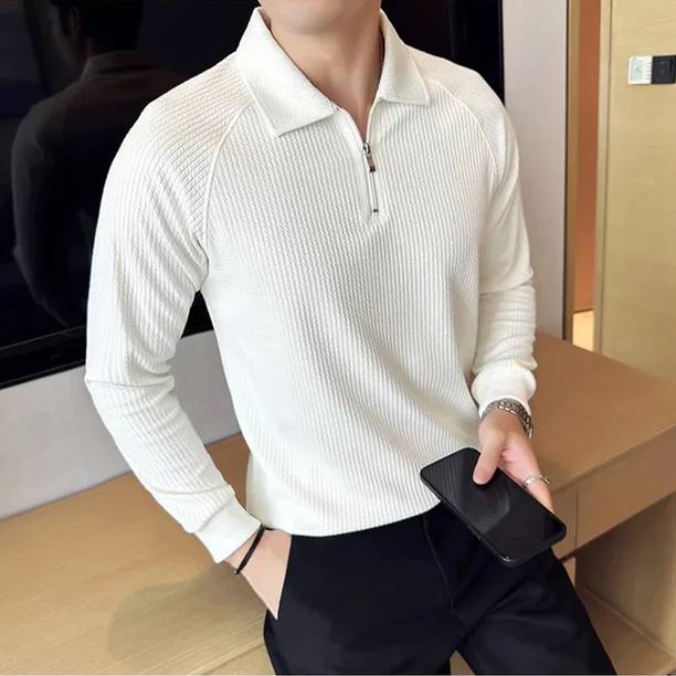 FATICHAR Men Self Design Polo Neck Cotton Blend White T-Shirt