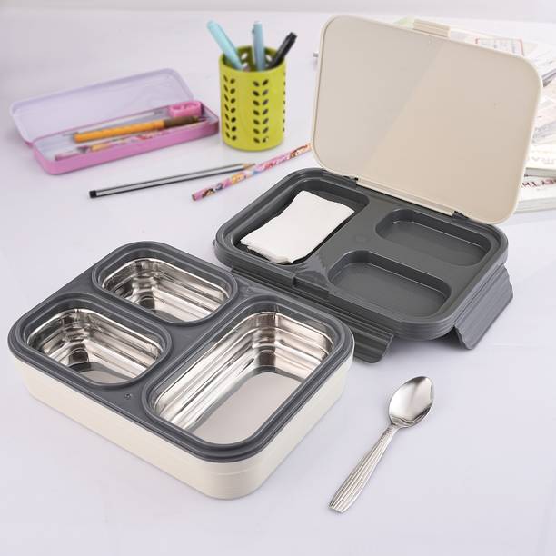 Nabhya 3 Compartment Stainless Steel Lunch Box for Scho...