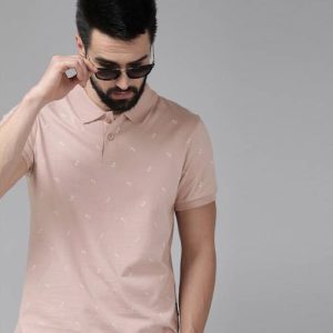 Roadster Men Printed Polo Neck Pure Cotton Pink T-Shirt