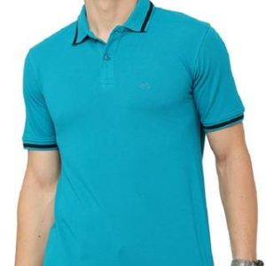 Bleualps Men Solid Polo Neck Pure Cotton Blue T-Shirt