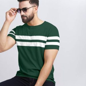 AUSK Men Striped Round Neck Cotton Blend Dark Green, White T...