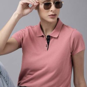 Roadster Women Solid Polo Neck Pure Cotton Pink T-Shirt