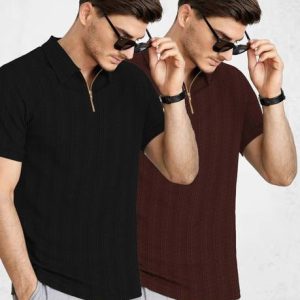 COMBRAIDED Pack of 2 Men Self Design Polo Neck Polycotton Brown, B...