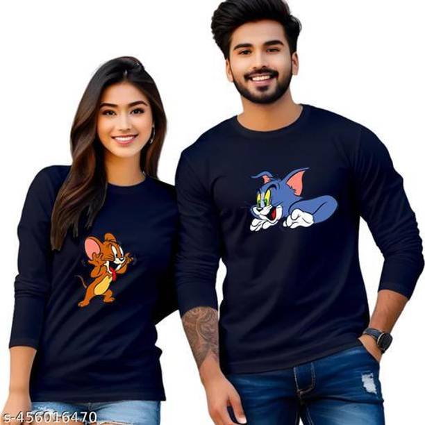 dione fashion Couple Printed Round Neck Pure Cotton Black T-Shirt
