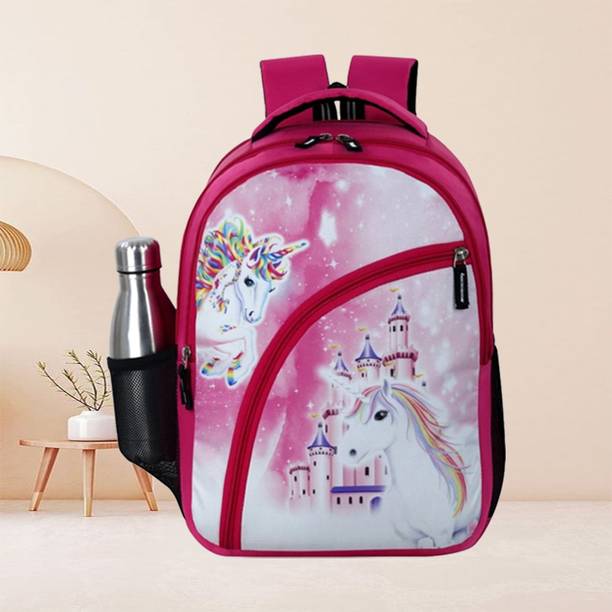 ZERUS Pink Unicorn Print Girls School Bag with Bottle H...