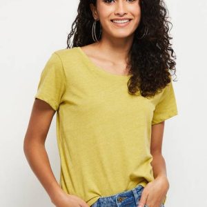 MAX Women Solid Round Neck Cotton Blend Yellow T-Shirt