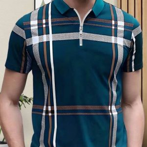 AUSK Men Checkered Polo Neck Cotton Blend Dark Blue T-Shirt