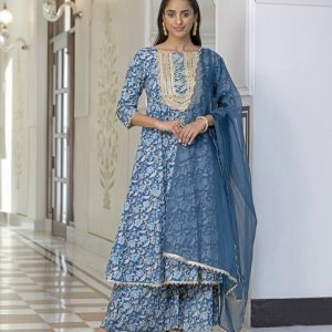 Janasya Women Pure Cotton Kurta Palazzo Dupatta Set