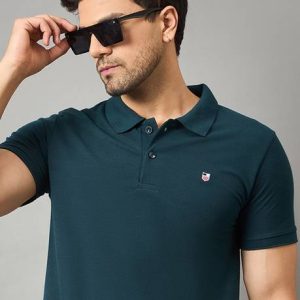 Zigo Men Solid Polo Neck Cotton Blend Dark Green T-Shirt