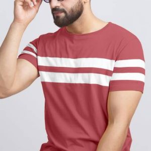 AUSK Men Striped Round Neck Cotton Blend Pink, White T-Shirt