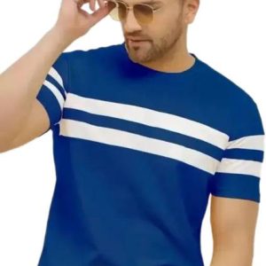 FASHA Men Striped Round Neck Polycotton Blue T-Shirt