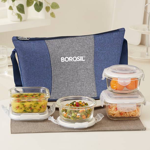 BOROSIL Alora Daisy Borosilicate Glass Lunchbox, 4pc Se...