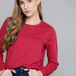 CHEMISTRY Women Solid Round Neck Pure Cotton Pink T-Shirt