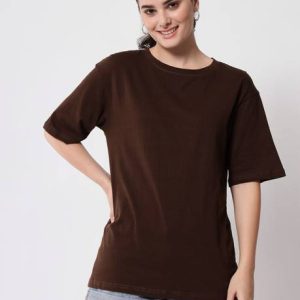 FUNDAY FASHION Women Solid Round Neck Cotton Blend Brown T-Shirt