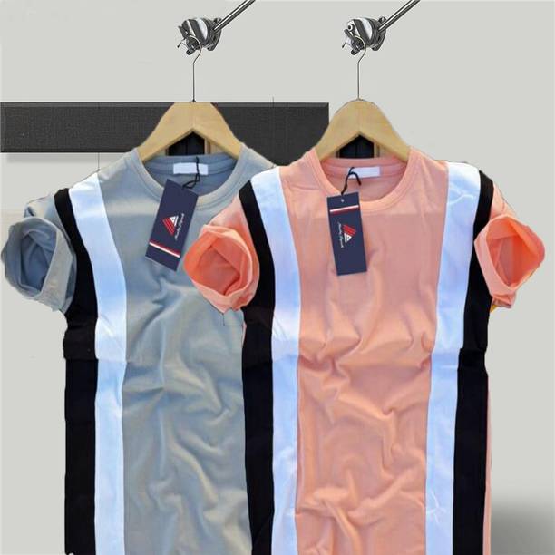Try This Pack of 2 Men Checkered Round Neck Cotton Blend Pink, G...