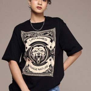 Roadster Women Printed Round Neck Pure Cotton Black T-Shirt