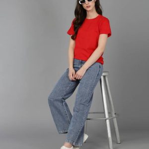 Adyavastram Women Solid Round Neck Cotton Blend Red T-Shirt