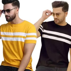 FASHA Pack of 2 Men Striped Round Neck Polycotton Multicolor ...