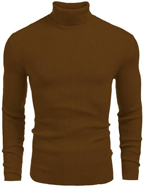 BELLO TOKO Men Woven Turtle Neck Brown Sweater