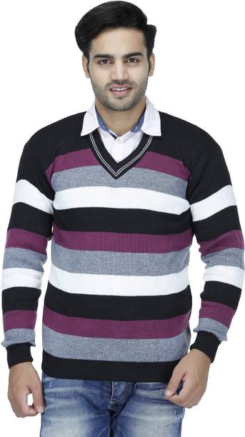 Blushh Collection Men Woven V Neck Multicolor Sweater