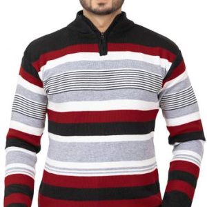 ColorChakra Men Striped Collared Neck Red Sweater