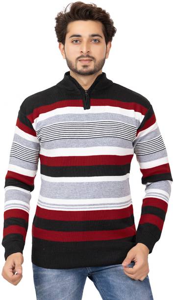 ColorChakra Men Striped Collared Neck Red Sweater