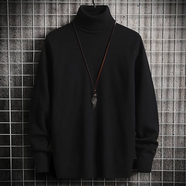 Doomee Men Solid High Neck Black Sweater
