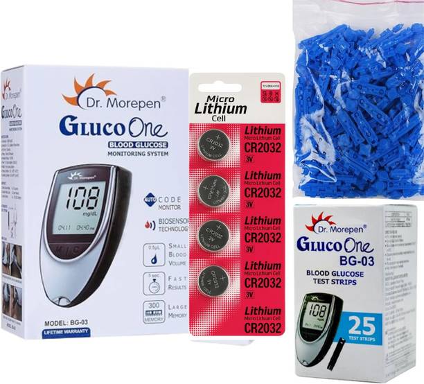 Dr. Morepen BG-03 with 25 strips (Free 4 battery cell a...