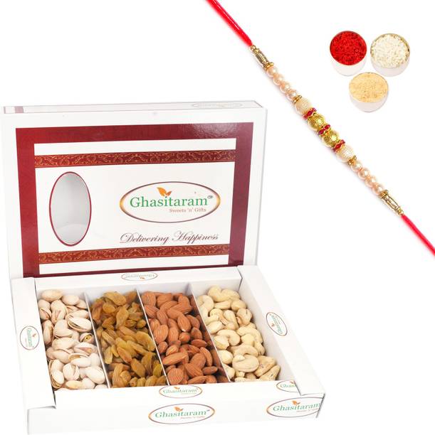 Ghasitaram Gifts Rakhi Gifts Dryfruits-Dryfruit Box 400 gms with Pearl Rakhi Combo