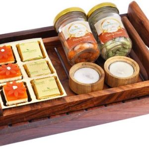 Ghasitaram Gifts Set of 2 Striped Wooden Serving Tray with 6 Bites, Paan Raisins Jar, Crunchy Cashews Jar and Wooden T-Lites Combo
