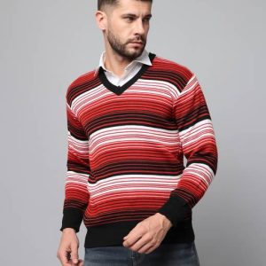 HELL BOUND Men Striped V Neck Multicolor Sweater
