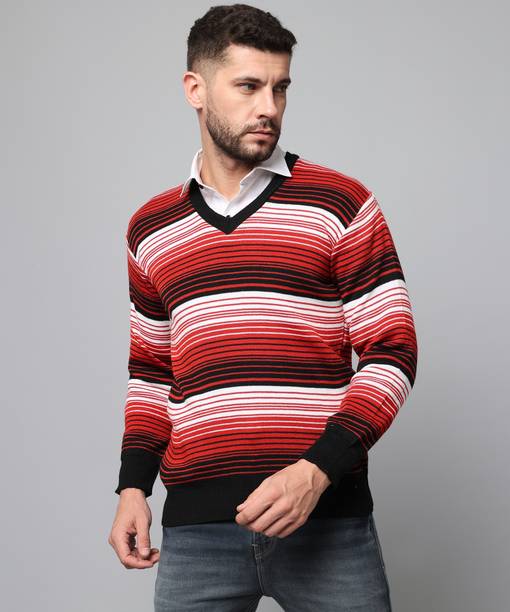 HELL BOUND Men Striped V Neck Multicolor Sweater