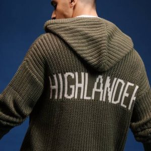 HIGHLANDER Men Self Design Hooded Neck Green Sweater