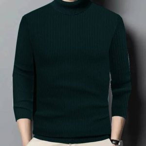 HOSUEOFCOMMON Men Self Design High Neck Green Sweater